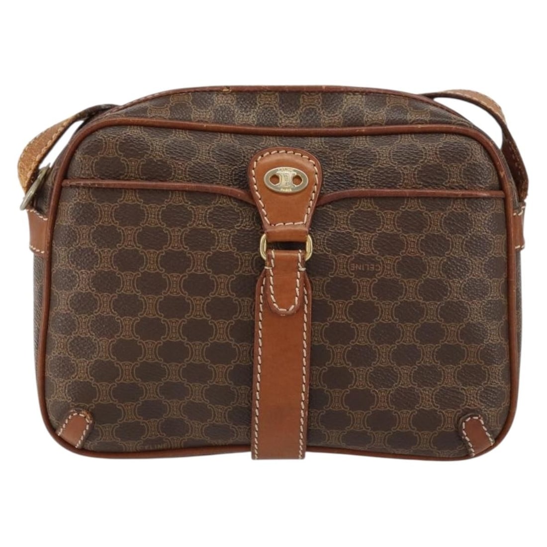 Celine Macadam Brown PVC Shoulder Bag Vintage Italian Design: Celine Macadam Brown PVC Shoulder Bag Vintage Italian Design This Celine Vintage Macadam shoulder bag is crafted from brown PVC and features a classic design for women. The bag shows signs of wear, in