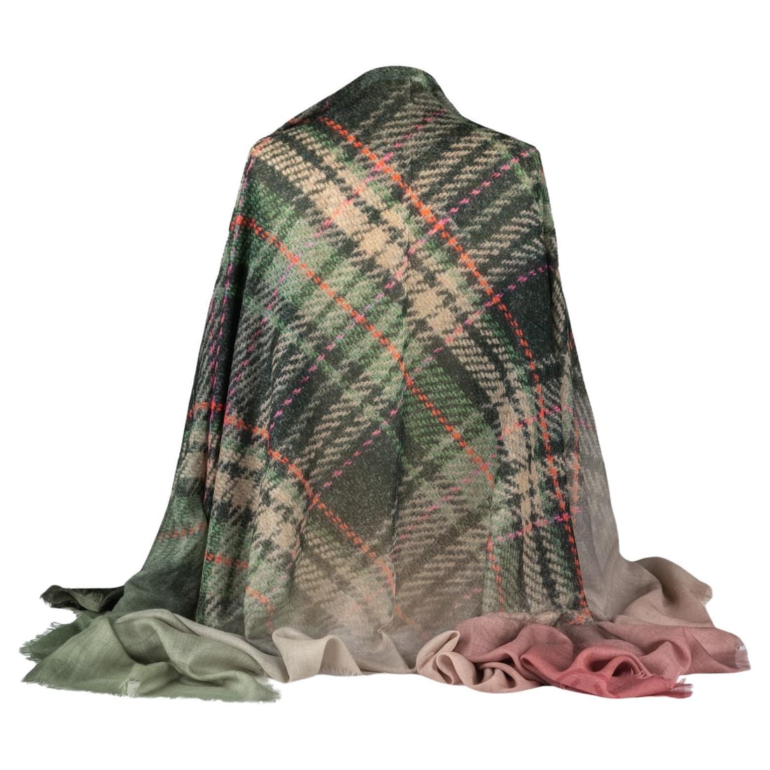 Chanel Green Pink Tartan Cashmere Shawl Italy 54 x 74 Inches: Chanel Green Pink Tartan Cashmere Shawl Italy 54 x 74 Inches Elevate your wardrobe with this exquisite Chanel Cashmere Shawl, featuring a stylish green and pink tartan pattern. Crafted in Italy, this