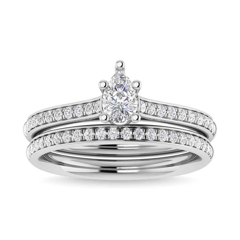 Diamond 3/4 Ct.Tw. Pear Shape Bridal Ring in 14K White Gold: Diamond 3/4 Ct.Tw. Pear Shape Bridal Ring in 14K White Gold 14k White Gold Stone Color: G-h Stone Clarity: I1 Each ring is presented in standard size 6.5. Complimentary resizing is available between s