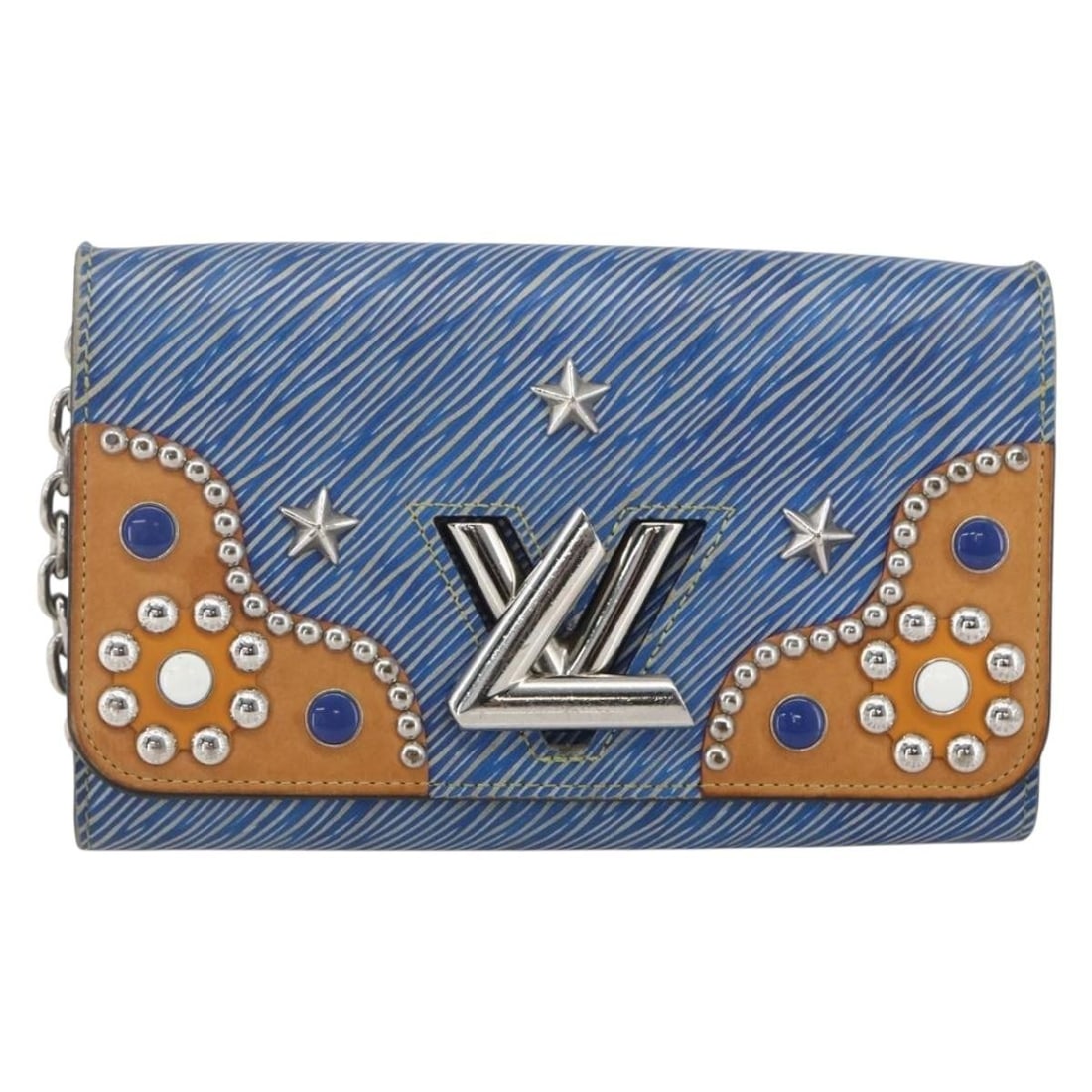 Twist Chain Wallet in Studded Blue Epi Leather by Louis Vuitton: Twist Chain Wallet in Studded Blue Epi Leather by Louis Vuitton This Louis Vuitton Twist Chain Wallet features blue Epi leather with studded detailing. Designed for women, it offers a stylish and func