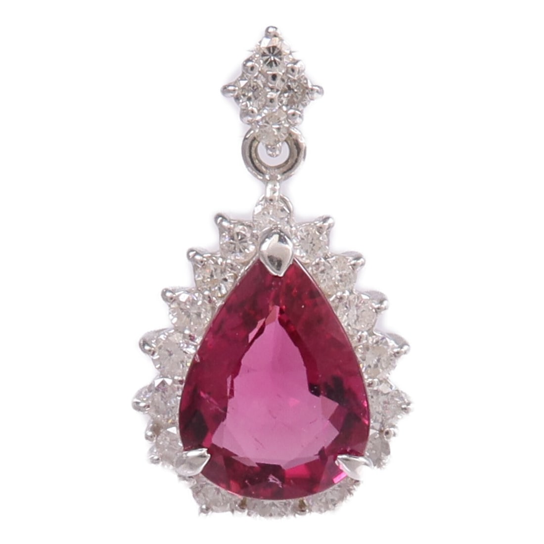 Rubellite and Diamond Pendant in 18K White Gold for Women: Rubellite and Diamond Pendant in 18K White Gold for Women This women's pendant top features a vibrant rubellite gemstone set in 18K white gold. The pendant showcases a red frame color and is crafted w