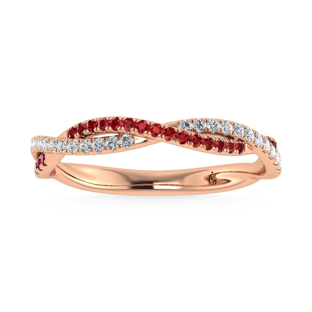 14K Rose Gold Diamond 1/4 Ct. Tw. Diamond and Ruby Band: 14K Rose Gold Diamond 1/4 Ct. Tw. Diamond and Ruby Band 14k Rose Gold Stone Color: G-h Stone Clarity: Si3 Each ring is presented in standard size 6.5. Complimentary resizing is available between sizes