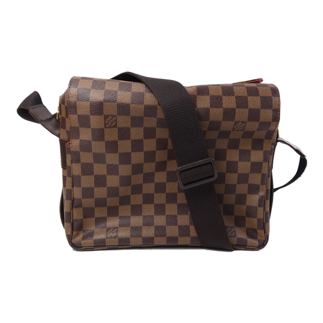 Louis Vuitton Naviglio Damier Brown Shoulder Bag PVC Canvas Model N45255: Louis Vuitton Naviglio Damier Brown Shoulder Bag PVC Canvas Model N45255 This Louis Vuitton Naviglio shoulder messenger bag features classic Damier brown PVC coated canvas with gold tone hardware. Des