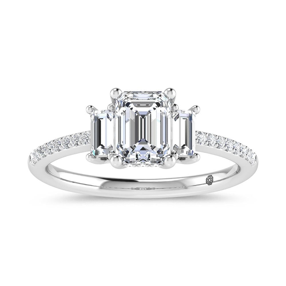 14K White Gold 1 1/4 Ct.Tw. Lab Grown Diamond Three Stone Engagement Ring: 14K White Gold 1 1/4 Ct.Tw. Lab Grown Diamond Three Stone Engagement Ring This stunning three-stone ring features a sparkling 1 CT Emerald Center diamond with two shimmering side diamonds, symbolizing