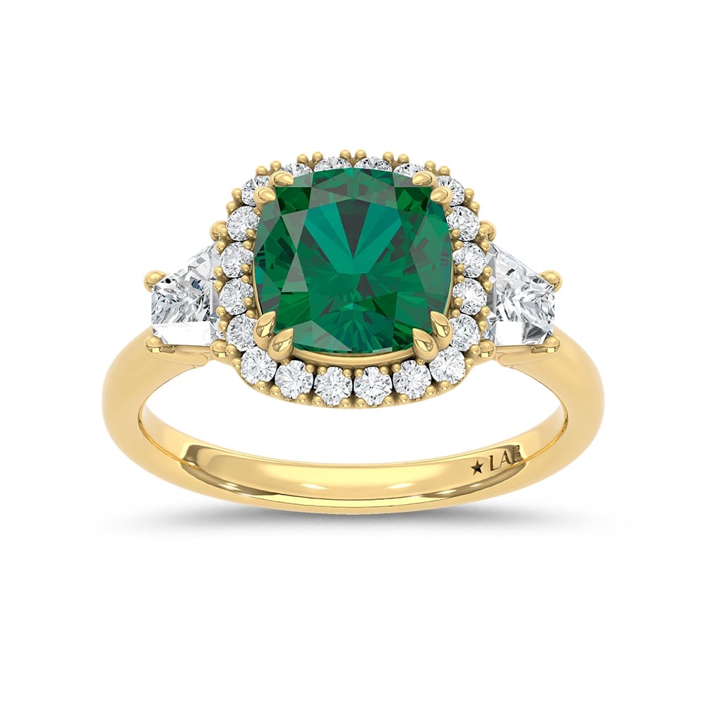 14K Yellow Gold Lab Grown Diamond 2 3/4 Ct.Tw. Cushion Shape Recrystalized Emerald Engagement Ring: 14K Yellow Gold Lab Grown Diamond 2 3/4 Ct.Tw. Cushion Shape Recrystalized Emerald Engagement Ring (Center 2 ct) Celebrate understated elegance with this 14K yellow gold engagement ring, featuring a l
