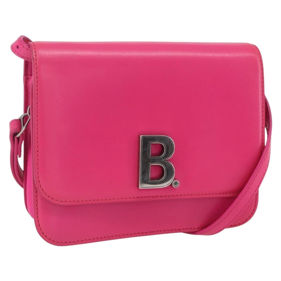 Balenciaga Pink Leather Shoulder Bag Model 592898 Silver Accents: Balenciaga Pink Leather Shoulder Bag Model 592898 Silver Accents This Balenciaga shoulder bag features a pink and silver leather exterior with a sleek, compact design. The bag is crafted in Italy and