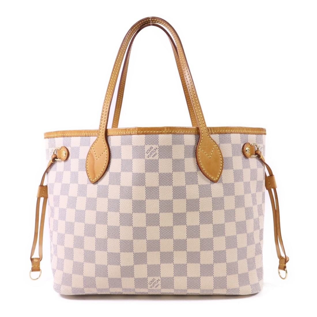 Louis Vuitton Neverfull PM Tote Damier Azur White PVC Canvas Gold Hardware: Louis Vuitton Neverfull PM Tote Damier Azur White PVC Canvas Gold Hardware This Louis Vuitton Neverfull PM tote bag features the iconic Damier Azur pattern in white and is crafted from durable PVC coa