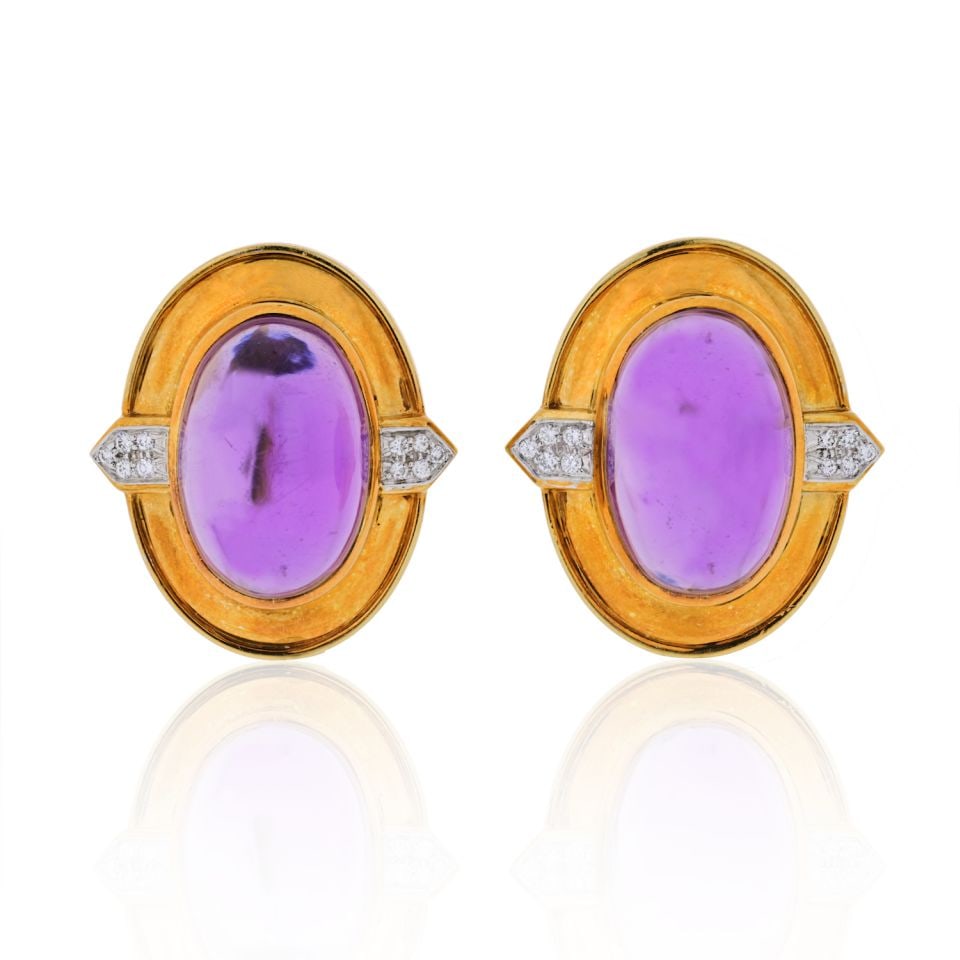 David Webb Vintage Platinum 18K Gold Amethyst Diamond Earrings: David Webb Vintage Platinum 18K Gold Amethyst Diamond Earrings These exquisite vintage David Webb earrings showcase a stunning combination of platinum and 18K yellow gold. Crafted with meticulous deta