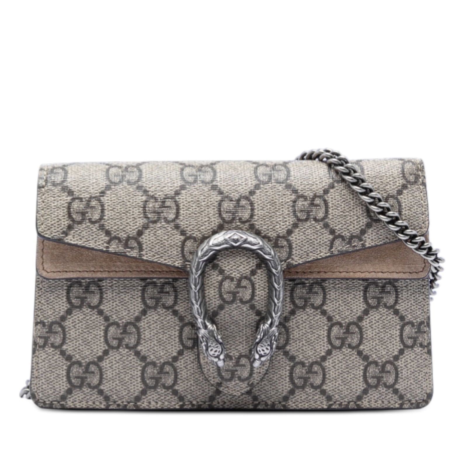 Gucci Dionysus Mini GG Supreme Beige Canvas Crossbody Bag with Chain Strap: Gucci Dionysus Mini GG Supreme Beige Canvas Crossbody Bag with Chain Strap This Gucci Mini GG Supreme Dionysus crossbody bag features a canvas body with suede leather trim, a silver-tone chain link st
