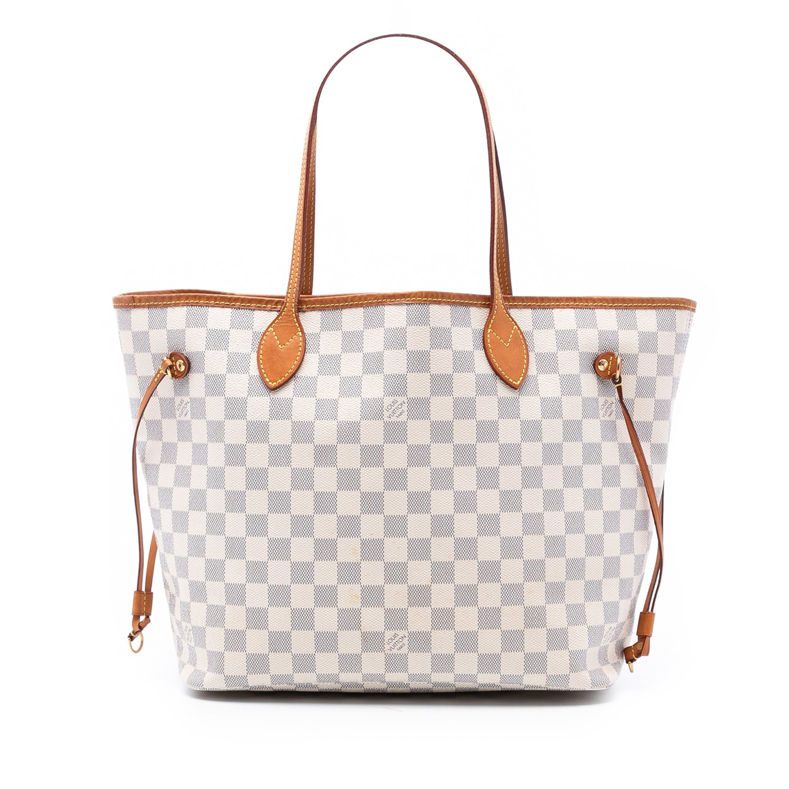 Louis Vuitton Neverfull MM Tote in Damier Azur Canvas with Vachetta Trim: Louis Vuitton Neverfull MM Tote in Damier Azur Canvas with Vachetta Trim This Louis Vuitton Damier Azur Neverfull MM features a signature damier canvas body with vachetta leather trim and flat vachett