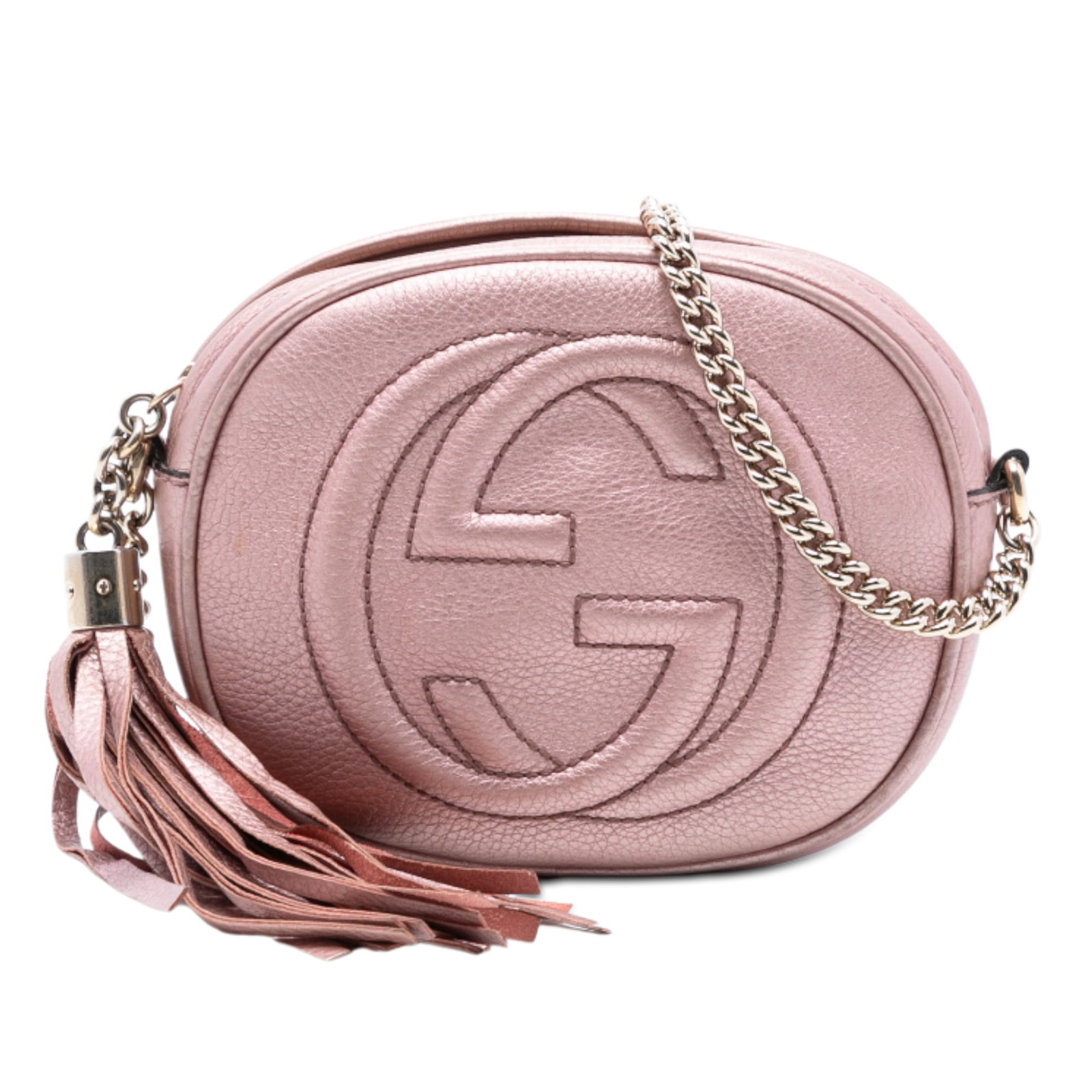 Gucci Soho Mini Pink Metallic Leather Chain Shoulder Bag: Gucci Soho Mini Pink Metallic Leather Chain Shoulder Bag This Gucci Mini Metallic Pebbled Calfskin Soho Chain Crossbody bag features a metallic leather body in pink, a tassel detail, a chain link shou