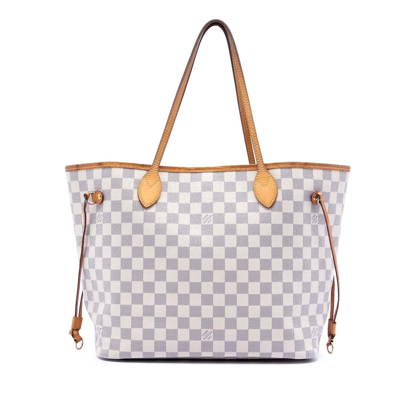 Neverfull MM Tote in Damier Azur Canvas with Leather Handles: Neverfull MM Tote in Damier Azur Canvas with Leather Handles The Louis Vuitton Damier Azur Neverfull MM features a Damier Azur canvas exterior, flat leather handles, an open top with a lobster claw cl