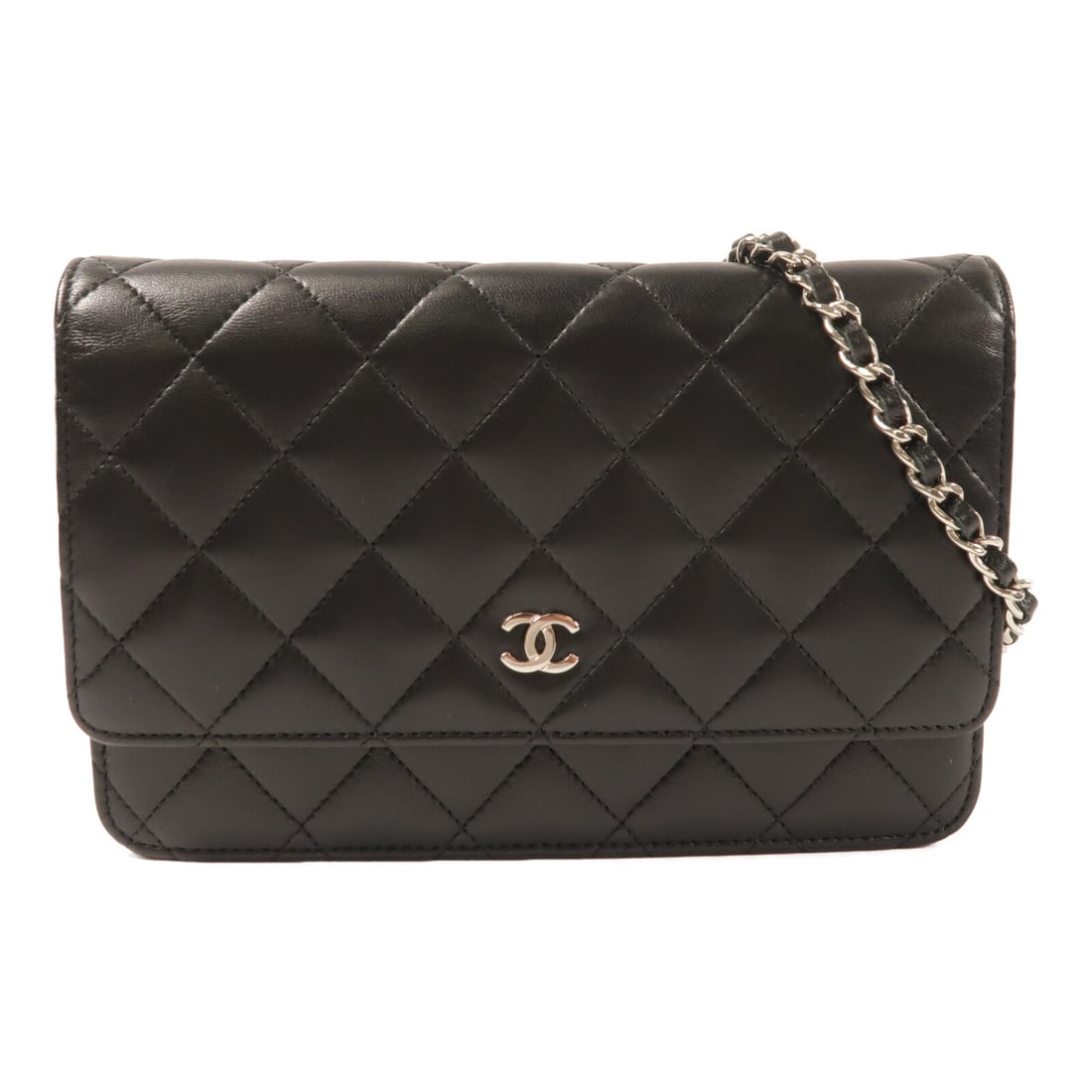 Chanel Black Lambskin Wallet On Chain Shoulder Bag AP0250 Silver Hardware: Chanel Black Lambskin Wallet On Chain Shoulder Bag AP0250 Silver Hardware This CHANEL CC Wallet On Chain (WOC) shoulder bag is crafted from luxurious black lambskin leather. Designed for women, it fea