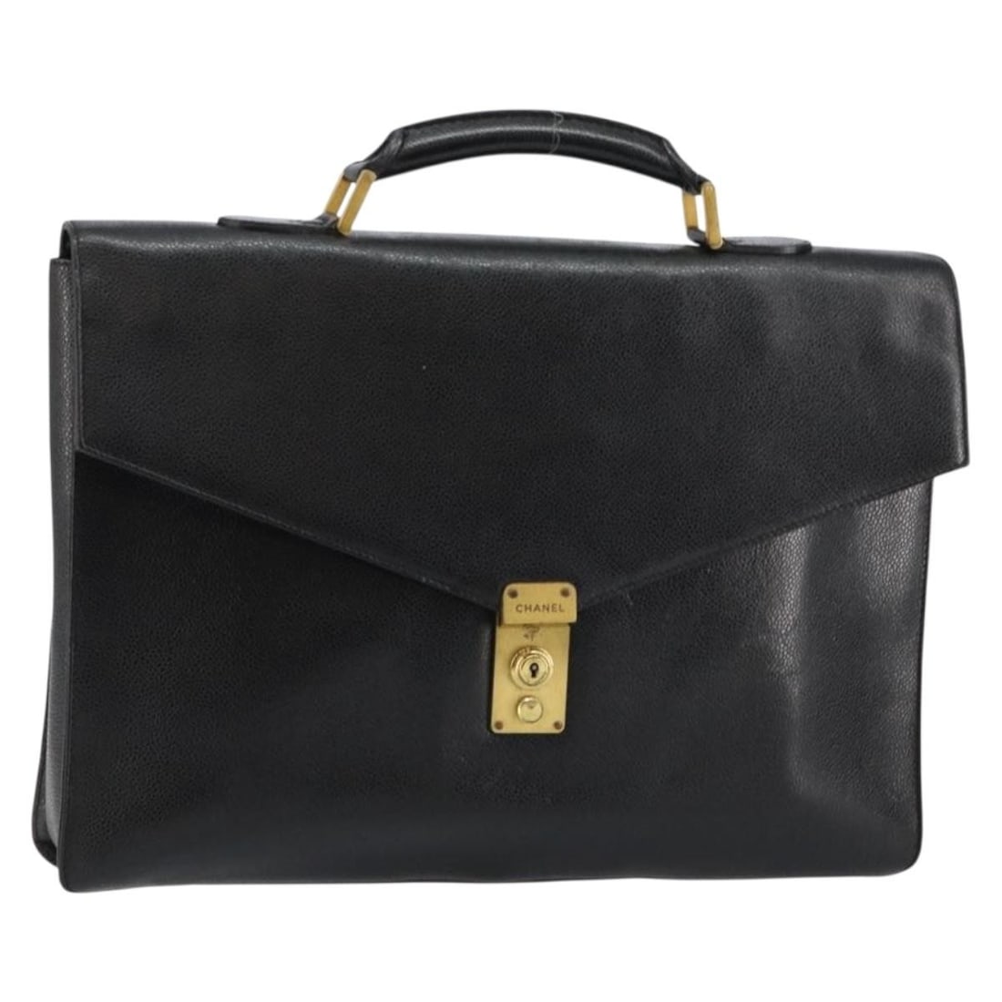 Black Caviar Leather Vintage Lock Briefcase by Chanel: Black Caviar Leather Vintage Lock Briefcase by Chanel This Chanel Vintage Lock Briefcase is crafted from black leather and designed for men. Made in Italy, it features a classic structured silhouette