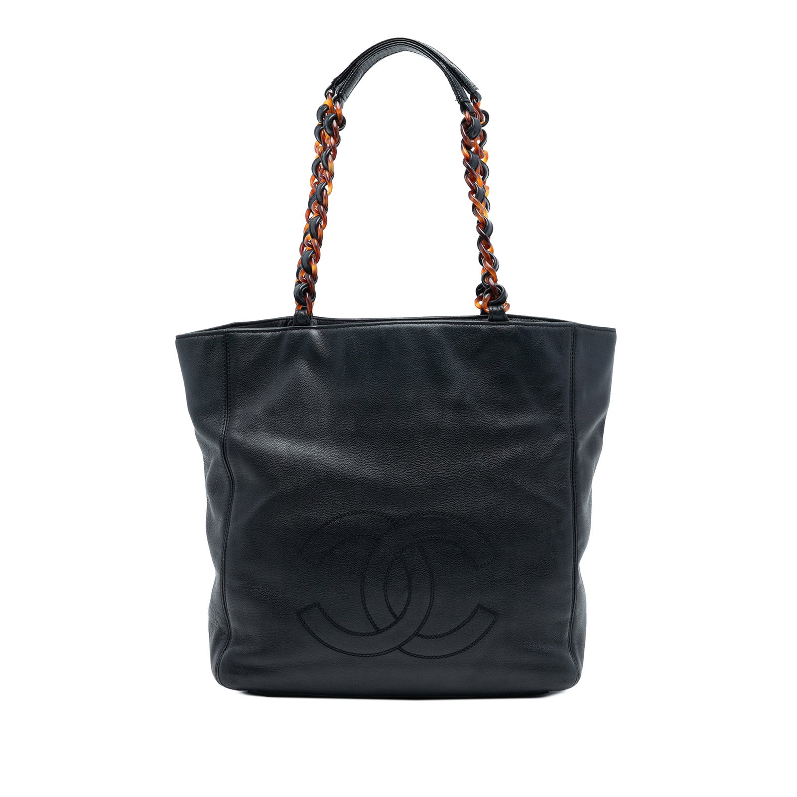 Chanel Black Caviar Leather Tote with Tortoiseshell Chain Straps: Chanel Black Caviar Leather Tote with Tortoiseshell Chain Straps This Chanel CC Caviar Tortoise Chain Tote features a caviar leather body with dual tortoiseshell resin and leather chain straps. The to
