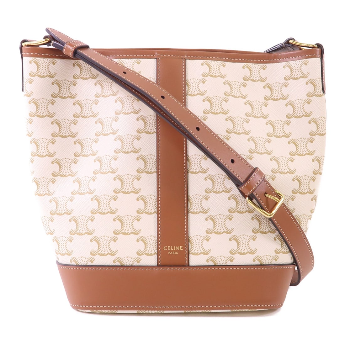 Celine Triomphe Small White Coated Canvas Bucket Shoulder Bag with GHW: Celine Triomphe Small White Coated Canvas Bucket Shoulder Bag with GHW This CELINE Triomphe Small Bucket Bag is crafted from white PVC coated canvas and features a compact shoulder bag design. Made in