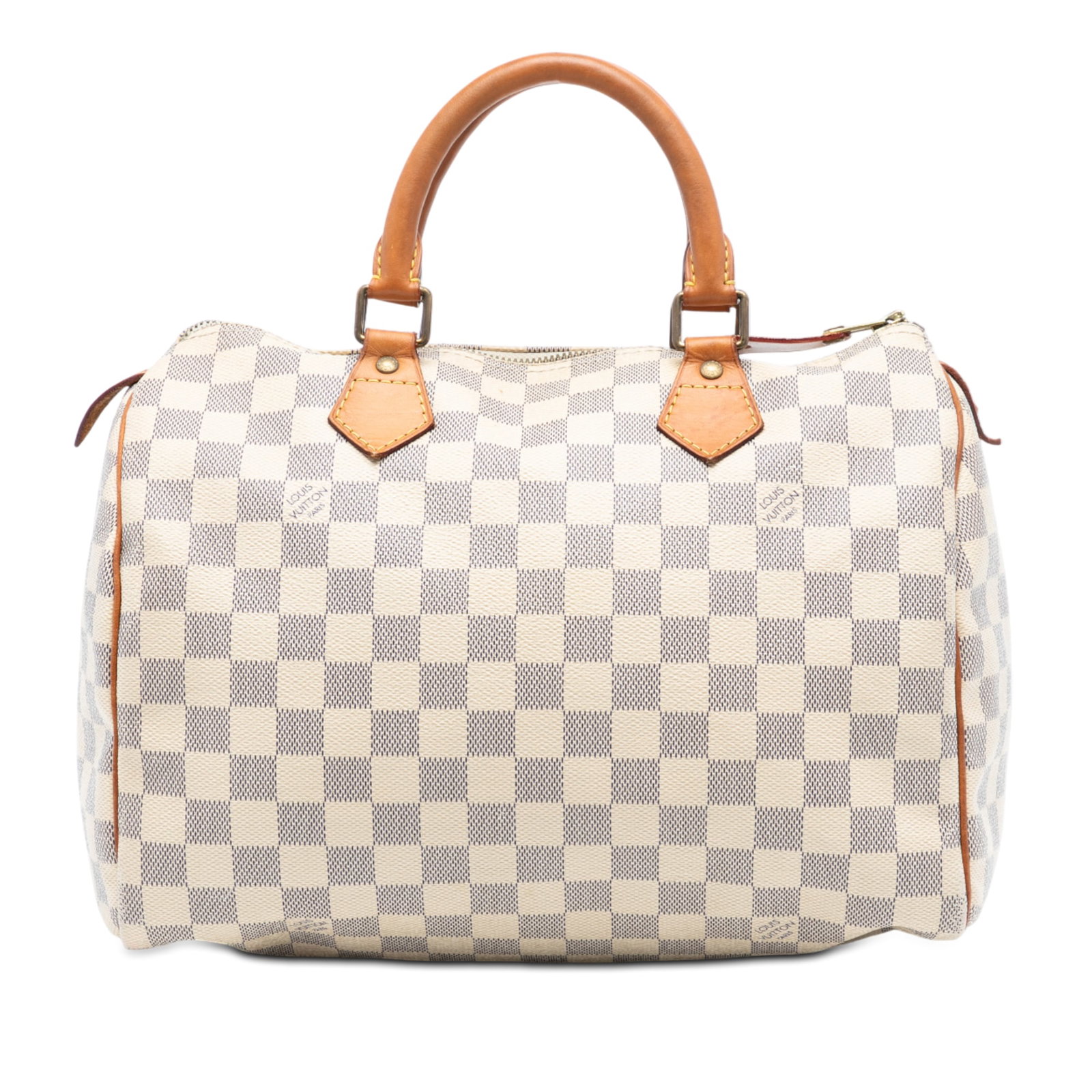 Damier Azur Speedy 30 Bag by Louis Vuitton with Top Zip: Damier Azur Speedy 30 Bag by Louis Vuitton with Top Zip This Louis Vuitton Damier Azur Speedy 30 features the iconic Damier canvas body with rolled leather handles, a top zip closure, and an interior