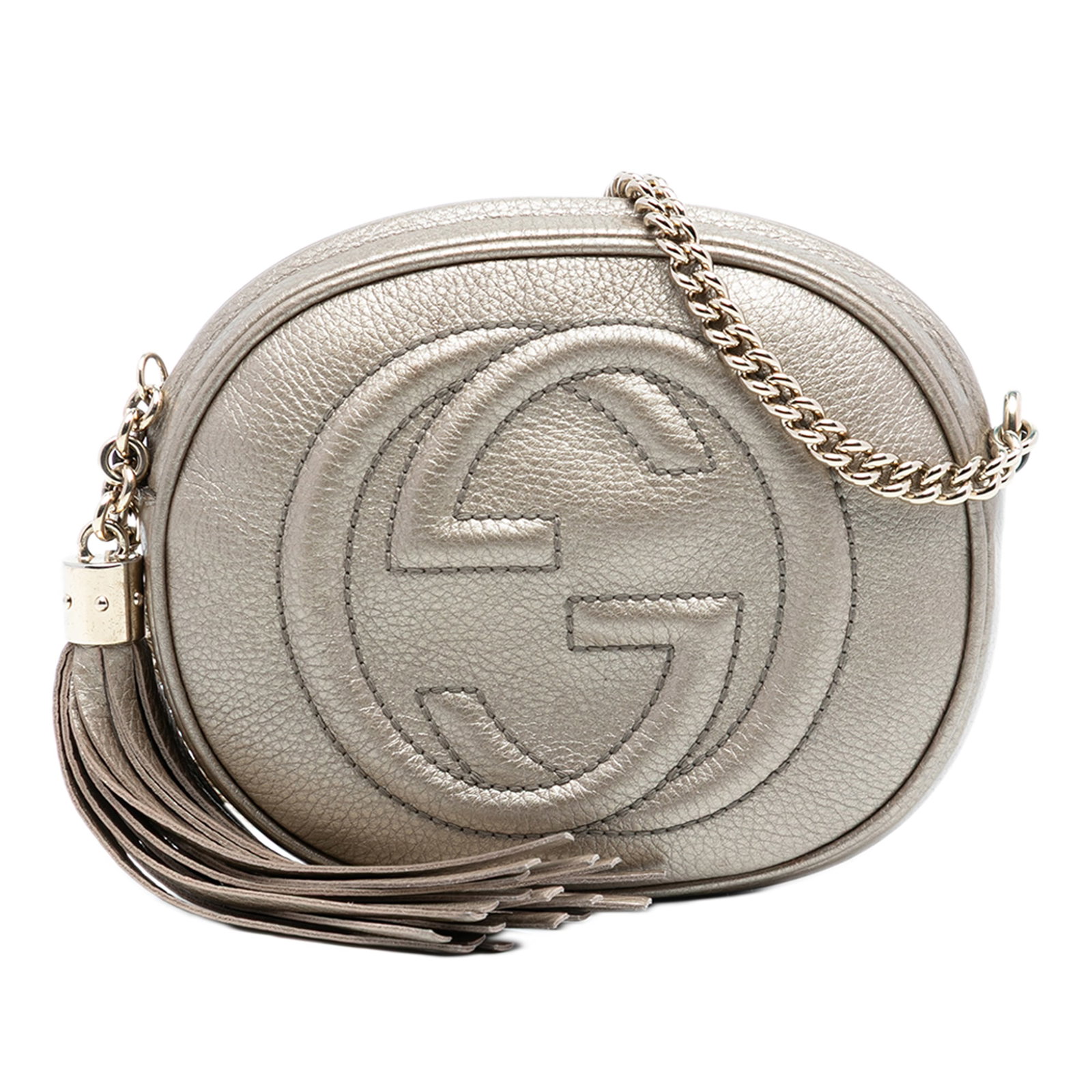 Gold Leather Soho Mini Chain Crossbody Bag by Gucci: Gold Leather Soho Mini Chain Crossbody Bag by Gucci This Gucci Mini Metallic Pebbled Calfskin Soho Chain Crossbody features a metallic leather exterior in gold, a chain link strap, a top zip closure w
