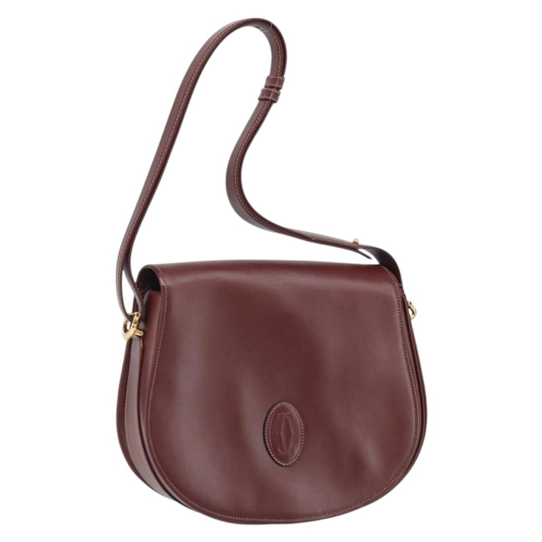 Cartier Must Line Bordeaux Leather Shoulder Bag with Gold Details: Cartier Must Line Bordeaux Leather Shoulder Bag with Gold Details This Cartier Must Line shoulder bag features a Bordeaux leather exterior with gold-tone accents. It offers a spacious main compartment