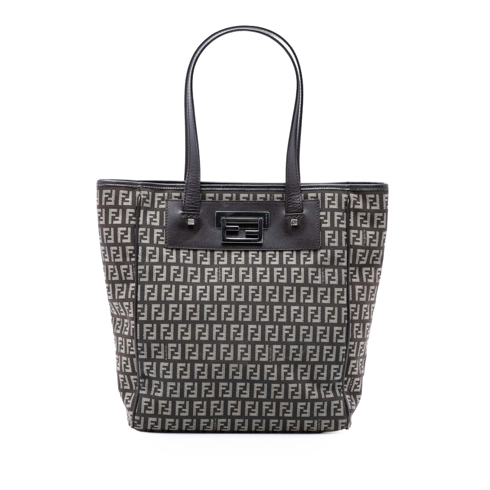 Fendi Brown Zucchino Pattern Canvas Tote Bag with Leather Trim: Fendi Brown Zucchino Pattern Canvas Tote Bag with Leather Trim This Fendi Zucchino Canvas Tote features a canvas body with leather trim, flat leather handles, an open top with a flip lock closure, and