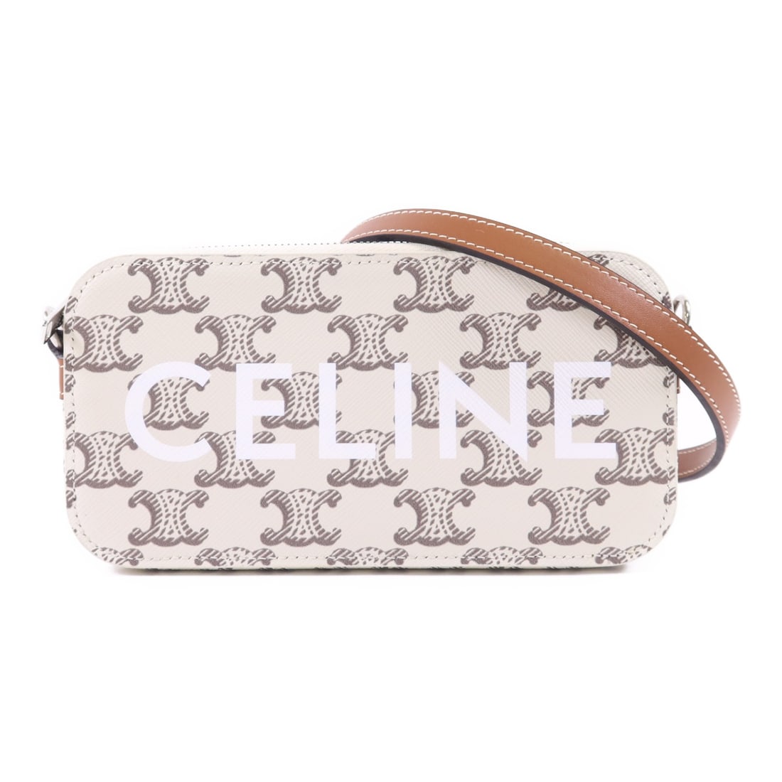 Celine White PVC Coated Canvas Phone Shoulder Bag with Silver Hardware: Celine White PVC Coated Canvas Phone Shoulder Bag with Silver Hardware This CELINE shoulder bag is crafted from white PVC coated canvas and designed for use as a phone bag. Made in France, it features