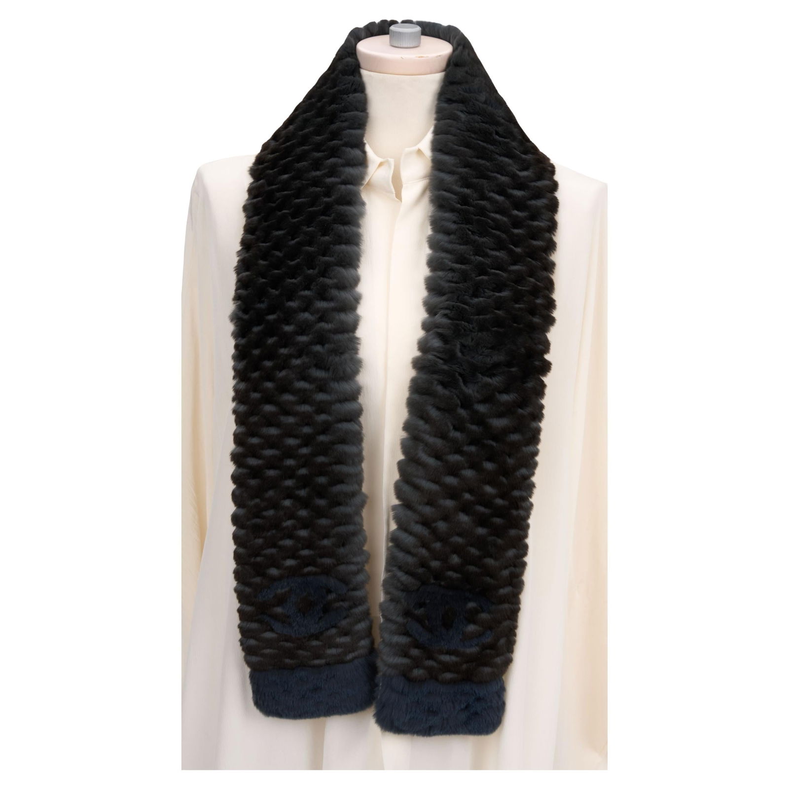 Chanel Orylag Fur Two-Tone Logo Scarf Italy 57in (1 of 5)