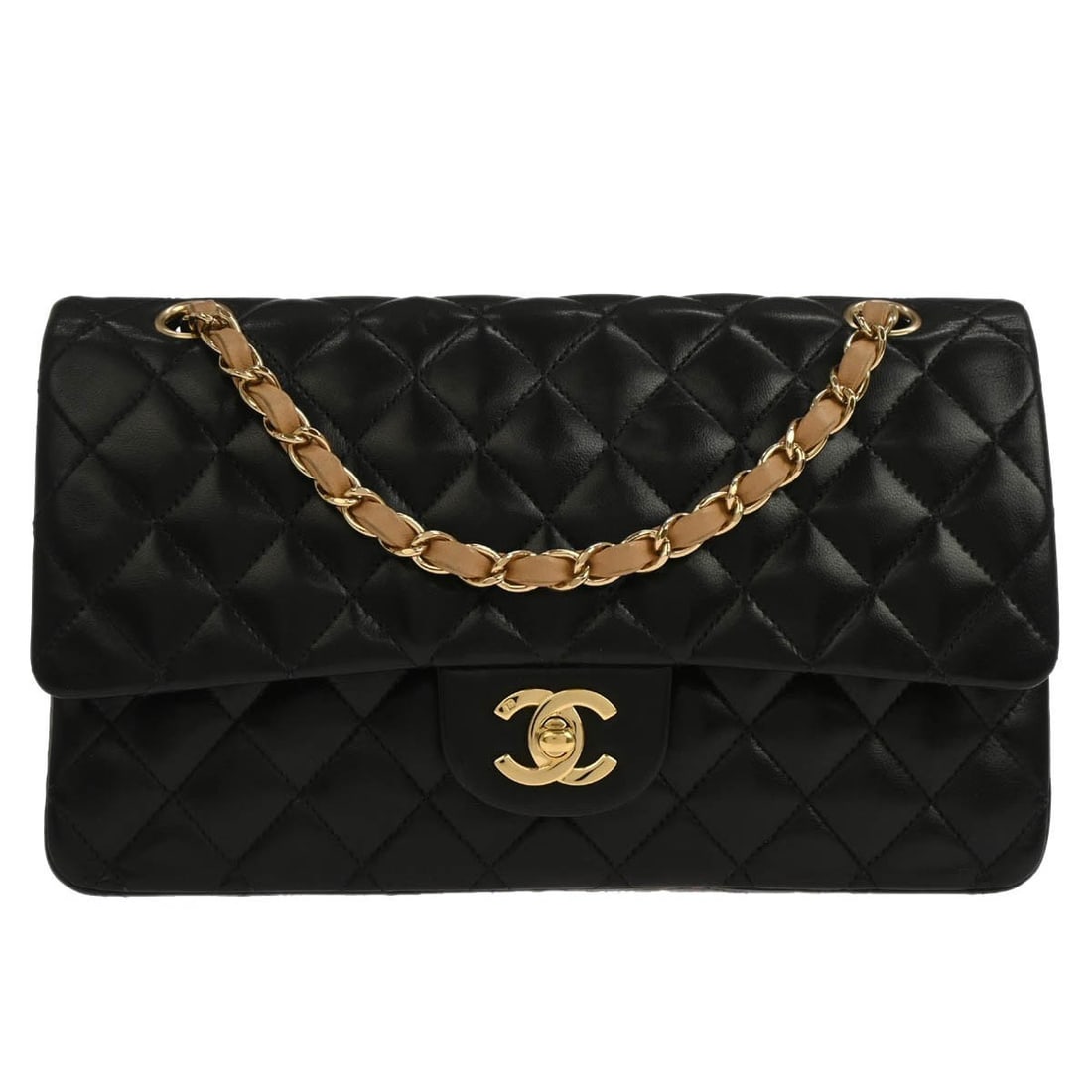 Medium Classic Double Flap Shoulder Bag in Black Lambskin by Chanel: Medium Classic Double Flap Shoulder Bag in Black Lambskin by Chanel This is a Chanel Classic Double Flap shoulder bag in black lambskin leather, featuring a medium size and a turn lock closure. The ba