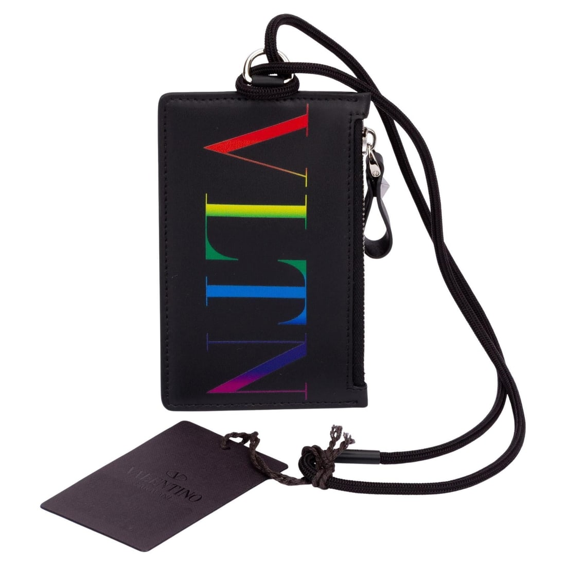 Valentino Black Leather Card Case with Laniard and Logo: Valentino Black Leather Card Case with Laniard and Logo This Valentino card case is a brand new accessory crafted from high-quality black leather. It features a detachable laniard and showcases a mult