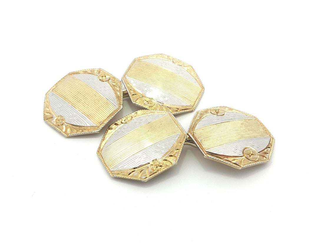 Octagonal Antique 14k Gold and Platinum Engraved Grooved Cufflinks: Octagonal Antique 14k Gold and Platinum Engraved Grooved Cufflinks These antique cufflinks feature an octagon shape crafted from solid 14k yellow gold with platinum accents. They display detailed groo