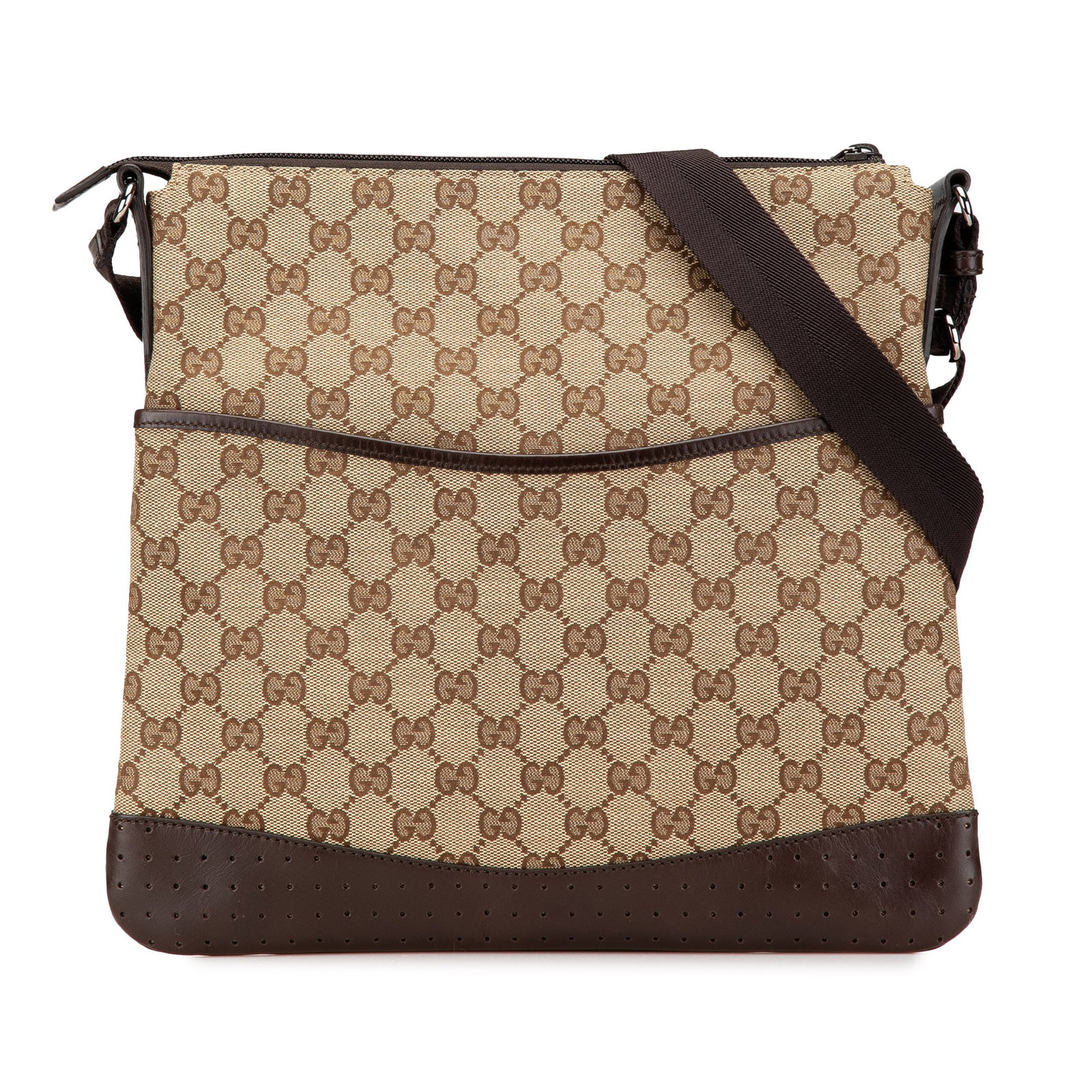Beige GG Canvas Crossbody Bag with Leather Trim by Gucci: Beige GG Canvas Crossbody Bag with Leather Trim by Gucci This Gucci GG Canvas Crossbody bag features a beige canvas body with perforated leather trim, an adjustable flat strap, an open top, a front ex