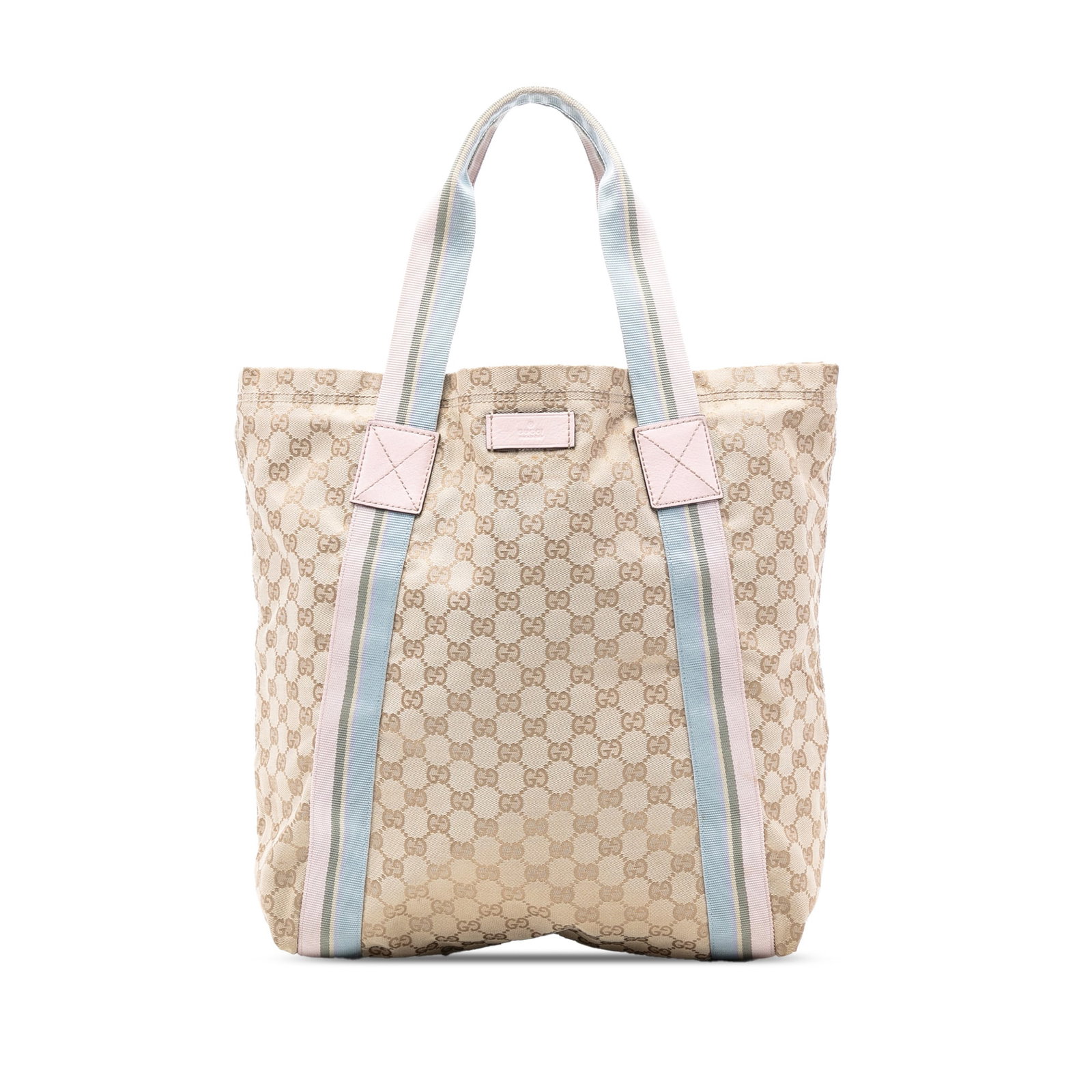 Gucci GG Canvas Web Beige Tote Bag Made in Italy: Gucci GG Canvas Web Beige Tote Bag Made in Italy This Gucci GG Canvas Web Tote features a beige fabric canvas body with flat straps and an open top design. The interior offers an open pocket for conve