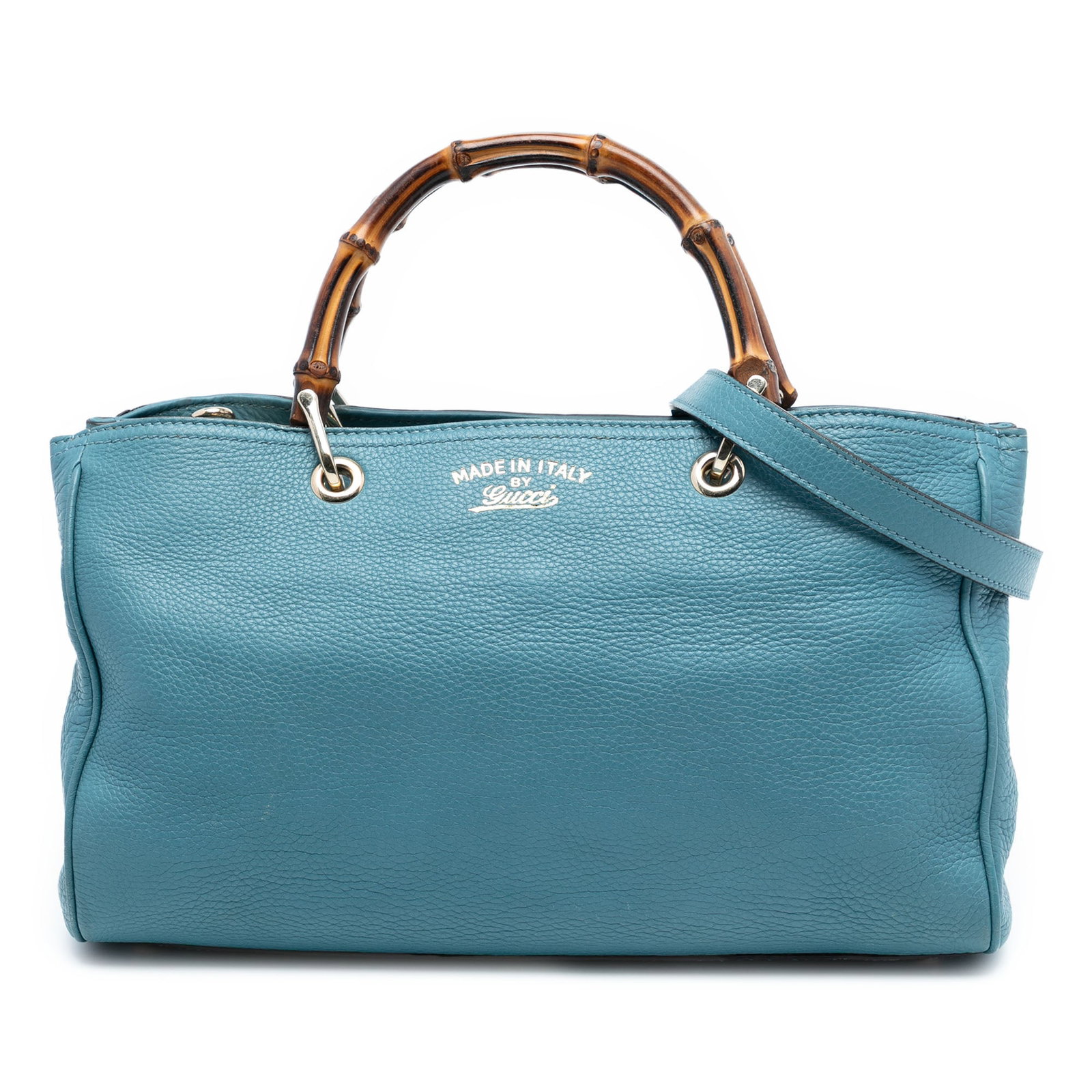 Gucci Blue Leather Satchel with Bamboo Handles and Detachable Strap: Gucci Blue Leather Satchel with Bamboo Handles and Detachable Strap This Gucci Medium Calfskin Bamboo Shopper Satchel showcases a blue leather body with signature bamboo top handles, a detachable flat