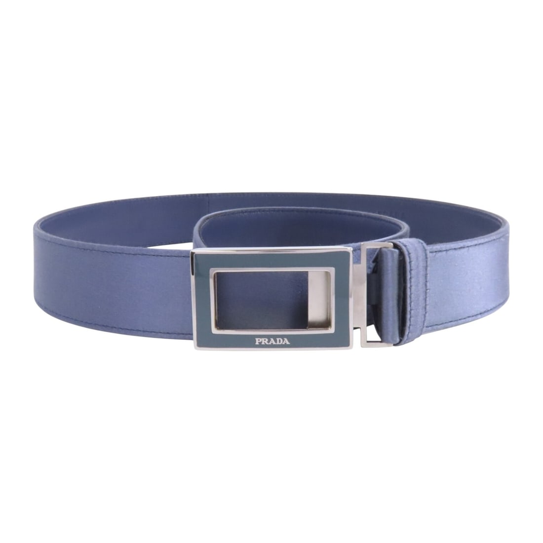 Blue Satin Women's Belt by PRADA with Silver Hardware: Blue Satin Women's Belt by PRADA with Silver Hardware This women's Prada belt features a blue satin finish with silver-tone hardware, offering a stylish accessory suitable for regular sizing. Made in
