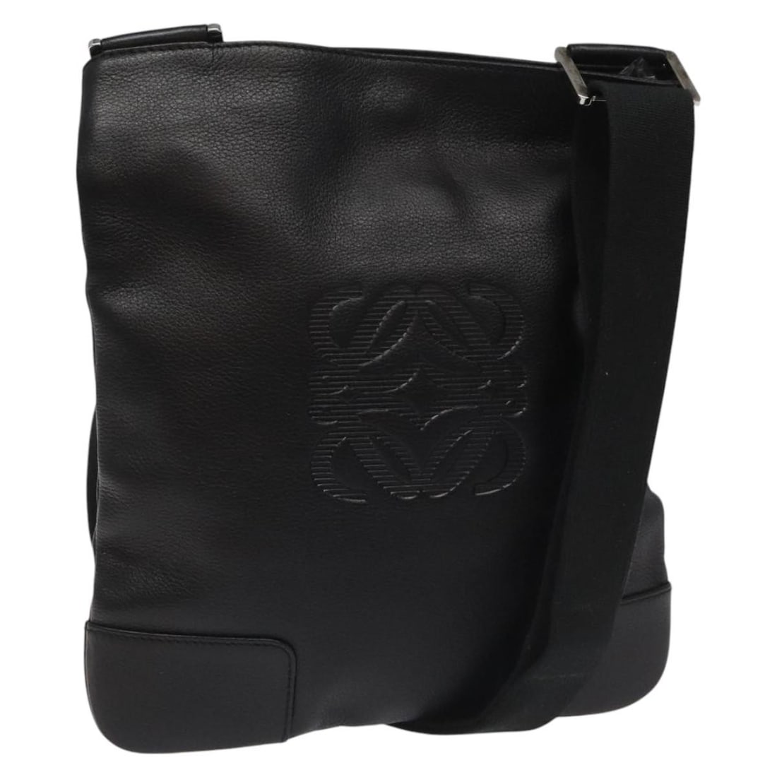 Loewe Anagram Black Leather Shoulder Bag with Silver Accents and Dust Bag: Loewe Anagram Black Leather Shoulder Bag with Silver Accents and Dust Bag This LOEWE Anagram shoulder bag features black leather with silver-tone accents, offering a sophisticated style for women. The