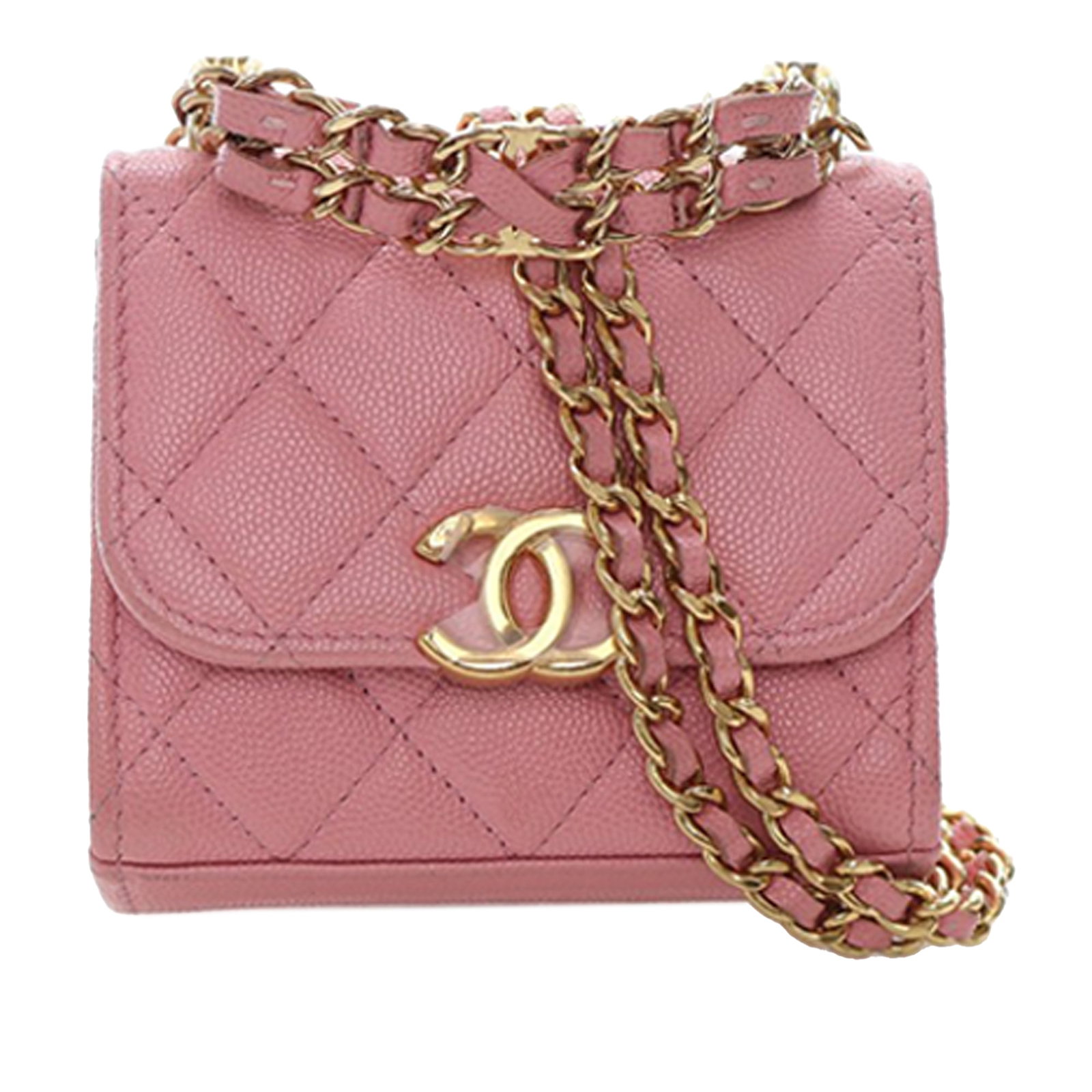 Chanel Pink Caviar Leather Mini Top Handle Chain Clutch Bag: Chanel Pink Caviar Leather Mini Top Handle Chain Clutch Bag This Chanel Mini CC Top Handle Clutch features a pink quilted caviar leather exterior with a leather-woven chain handle and matching leather