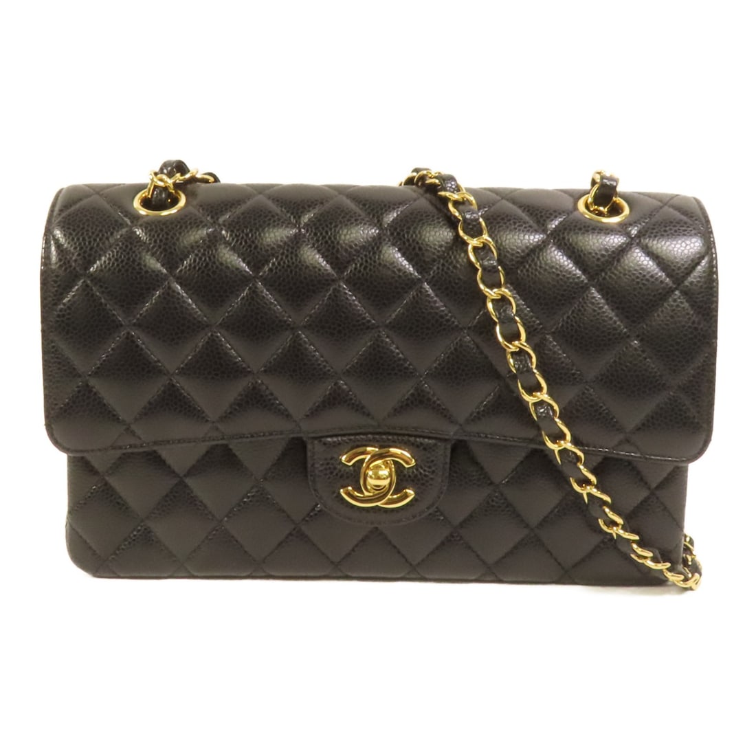 Chanel Classic 25 Black Calfskin Shoulder Bag with CC and Gold Hardware: Chanel Classic 25 Black Calfskin Shoulder Bag with CC and Gold Hardware This CHANEL Classic 25 chain shoulder bag features a black calfskin leather exterior and gold-tone hardware. Designed for women,