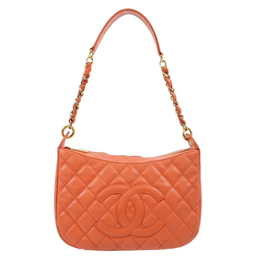 Chanel Orange Caviar Leather Hobo Bag with Pink Strap: Chanel Orange Caviar Leather Hobo Bag with Pink Strap This exquisite Chanel shoulder bag features a vibrant orange calfskin exterior crafted from luxurious caviar leather. With a chic quilted finish,