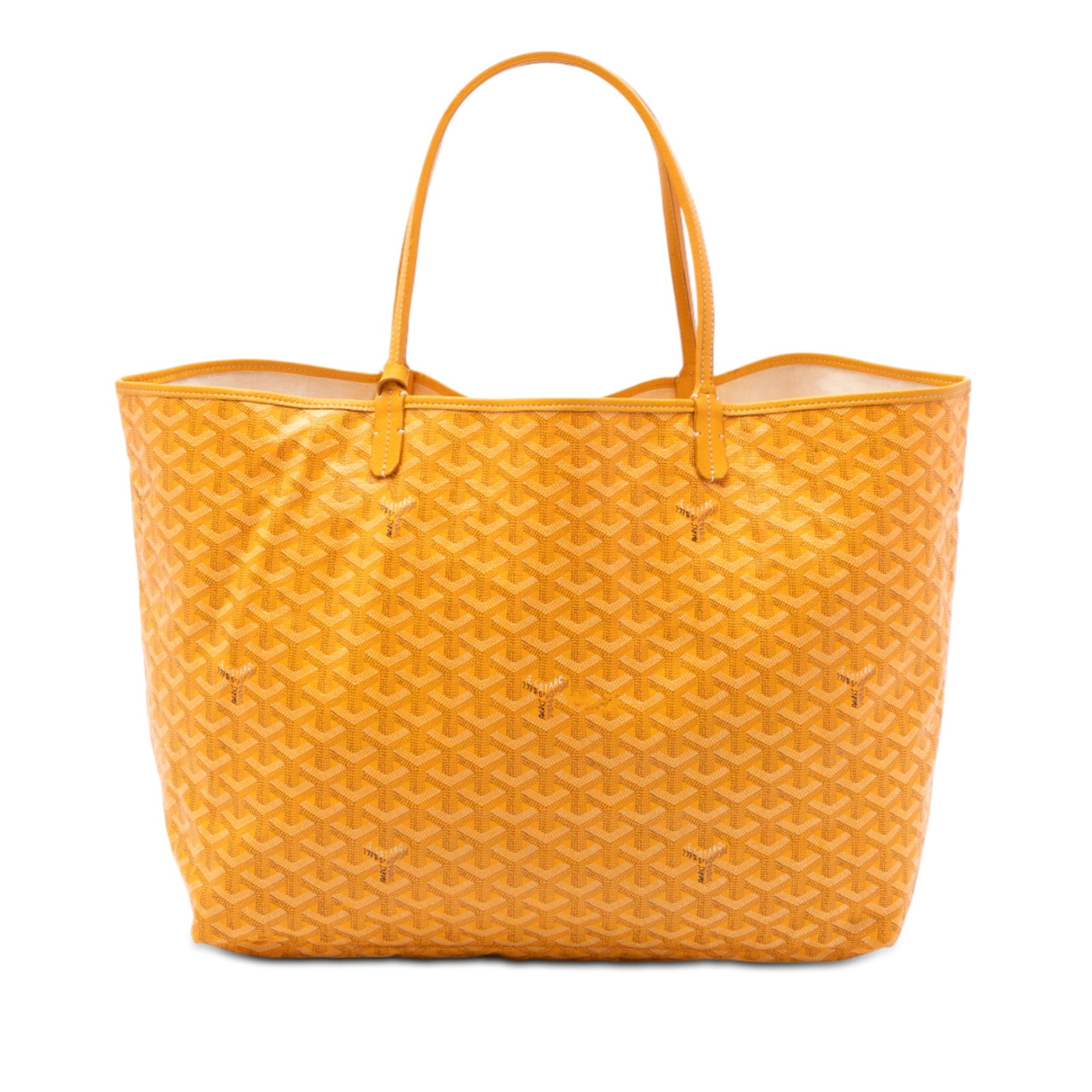 Yellow Goyard Goyardine Saint Louis GM Tote with Removable Pouch: Yellow Goyard Goyardine Saint Louis GM Tote with Removable Pouch The Goyardine Saint Louis GM is a spacious tote featuring a coated canvas exterior with leather trim and flat leather handles. It is de