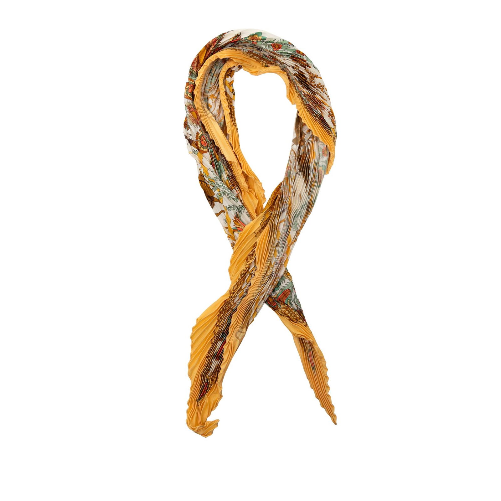 Hermes Yellow Silk Decoupages Patterned Pleated Scarf 126 x 126 cm (1 of 8)