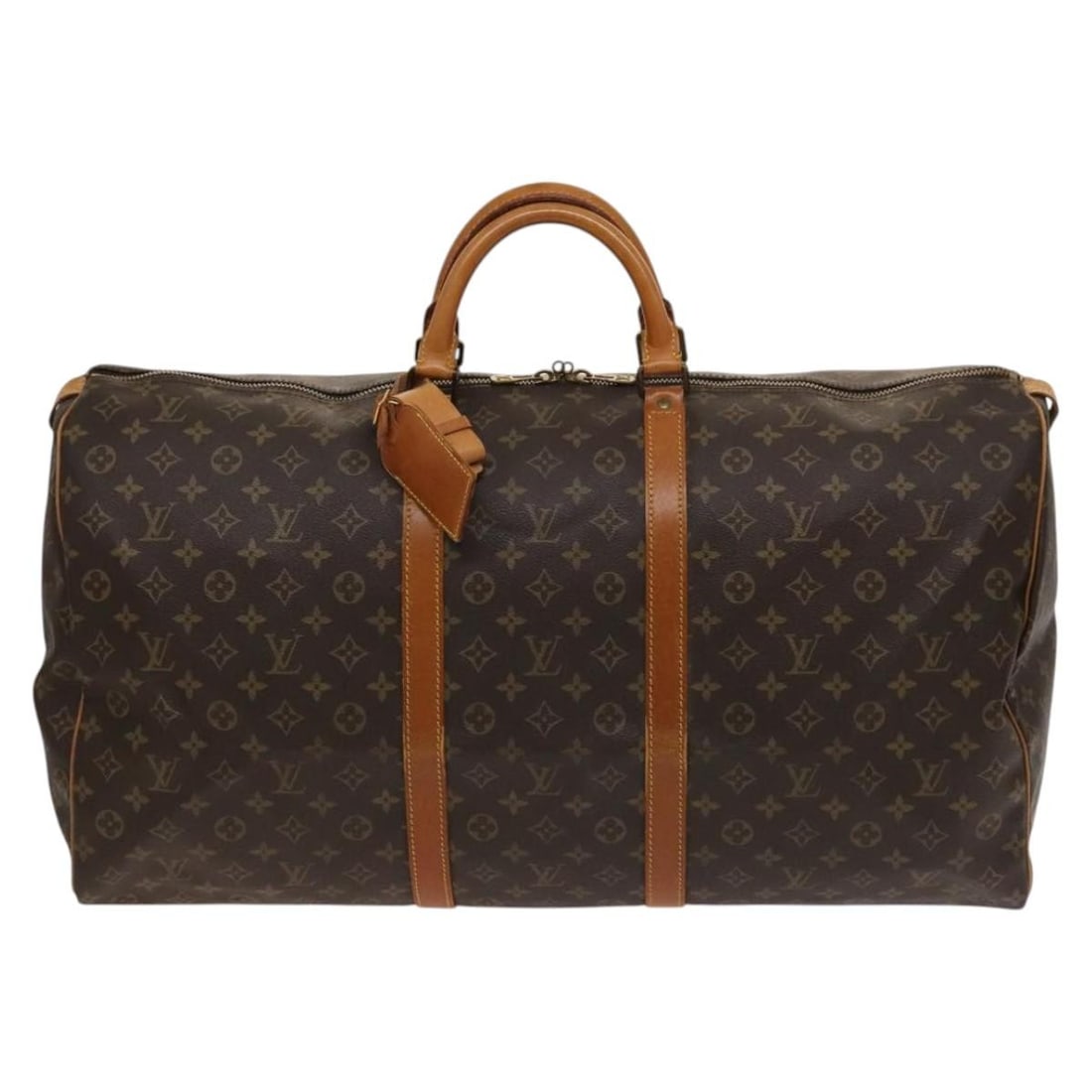 Keepall Monogram Canvas Travel Bag by Louis Vuitton: Keepall Monogram Canvas Travel Bag by Louis Vuitton The Louis Vuitton Keepall Bag in monogram canvas is a unisex travel accessory featuring a brown color scheme. This bag shows signs of use, including