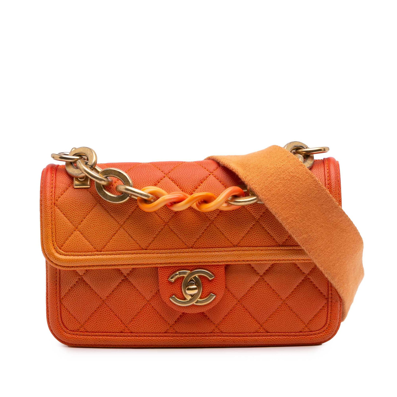 Chanel Small Quilted Caviar Sunset On The Sea Flap Bag Orange: Chanel Small Quilted Caviar Sunset On The Sea Flap Bag Orange The Chanel Small Quilted Caviar Sunset On The Sea Flap bag is a stunning accessory crafted from luxurious quilted caviar leather in a stri