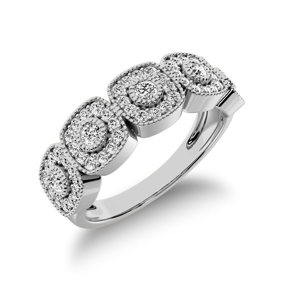 14K White Gold 2/5 Ct.Tw. Diamond Fashion Ring With Milgrain Detail: 14K White Gold 2/5 Ct.Tw. Diamond Fashion Ring With Milgrain Detail This eye-catching ring is available in 14K White Gold. There are 65 round diamonds with a total carat weight of 2/5 Ct.Tw. set in a