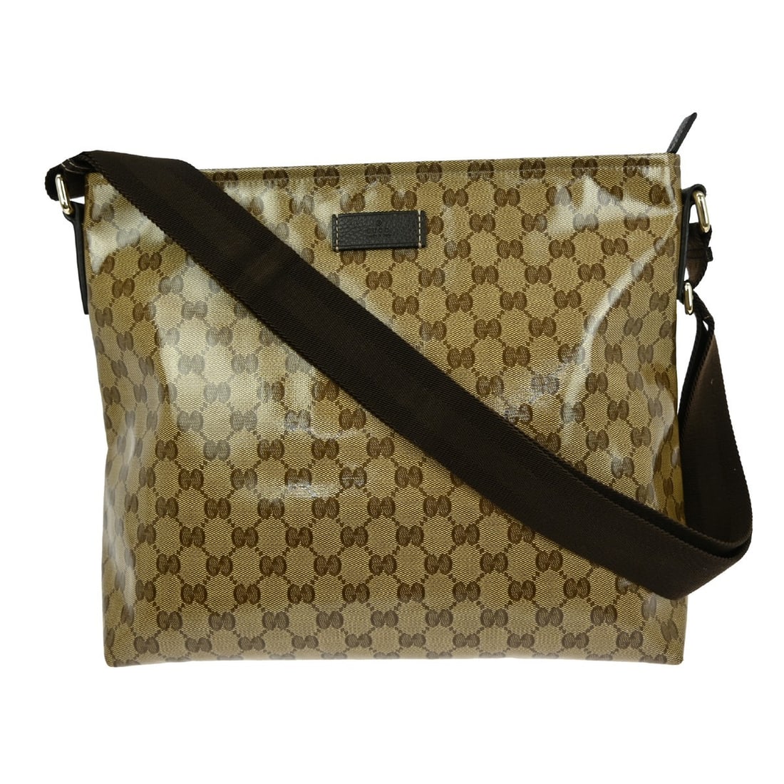Gucci GG Medium Brown PVC Leather Vintage Shoulder Bag 339569 213048: Gucci GG Medium Brown PVC Leather Vintage Shoulder Bag 339569 213048 This vintage Gucci shoulder bag features the signature GG pattern on brown PVC with leather accents. Designed in a medium size, it