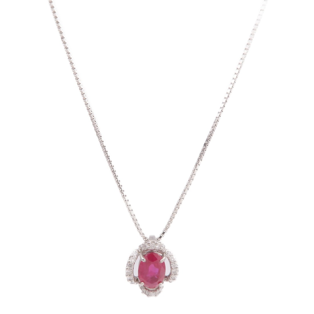 Platinum PT900 Ruby and Diamond Necklace: Platinum PT900 Ruby and Diamond Necklace This necklace features a vibrant ruby as the main stone set in PT900 platinum, offering a sophisticated and elegant design. The piece is in very good, un-used
