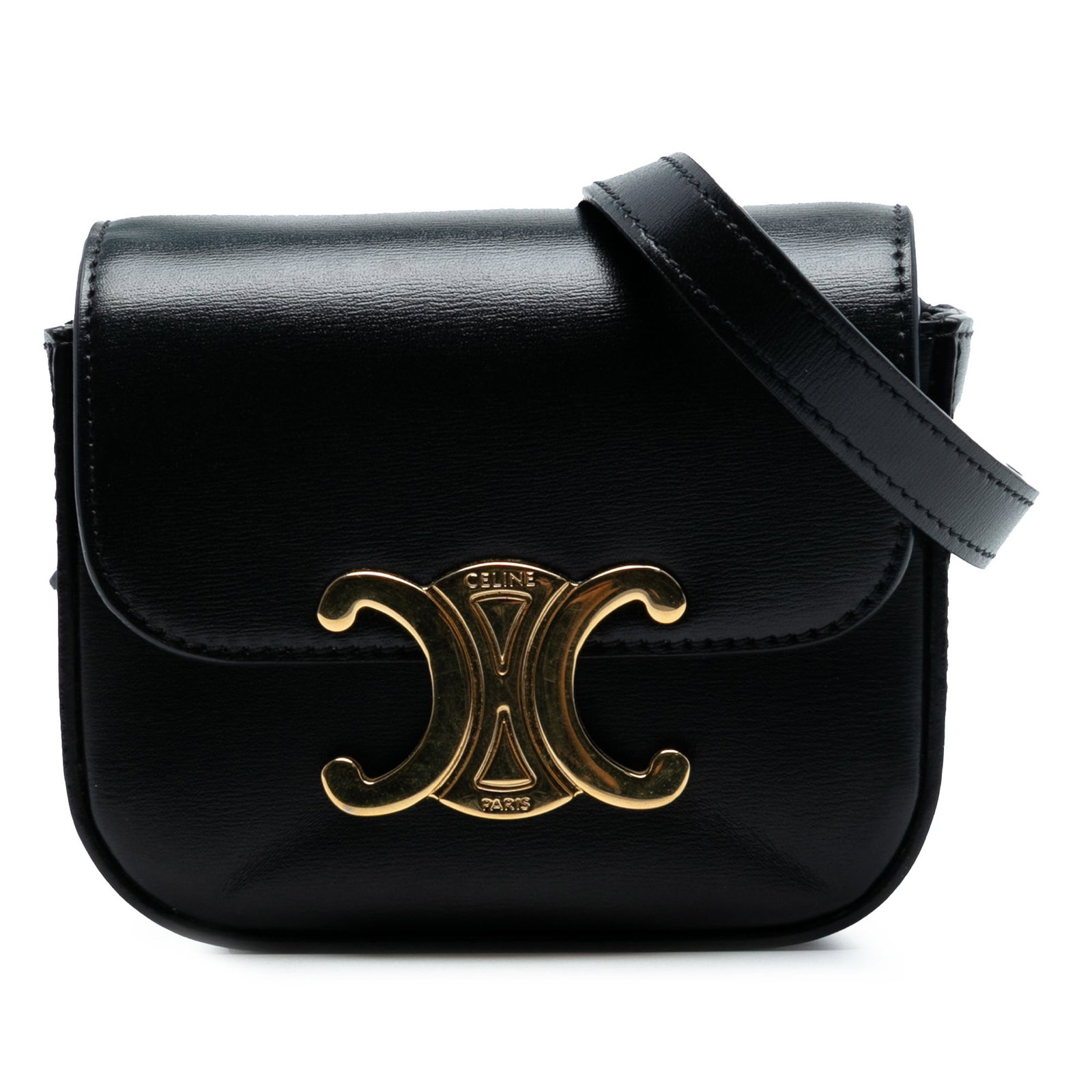 Celine Triomphe Mini Shiny Calfskin Black Leather Crossbody Bag: Celine Triomphe Mini Shiny Calfskin Black Leather Crossbody Bag The Celine Mini Shiny Calfskin Triomphe Crossbody is a sleek leather bag featuring an adjustable flat leather strap, a front flap with m