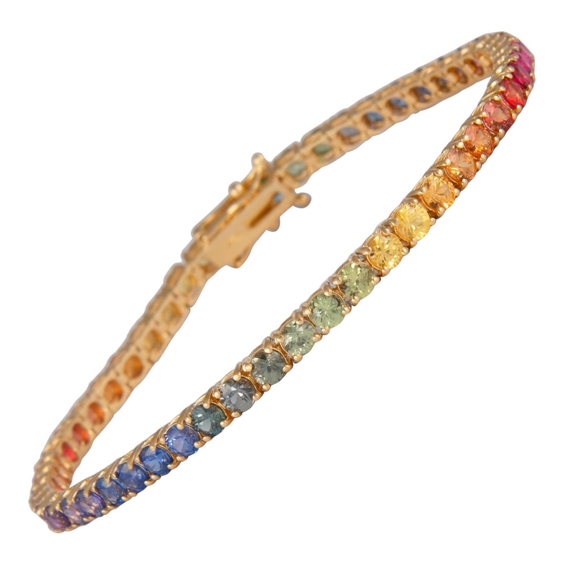 8.90ct Rainbow Sapphire Bracelet 18k Gold: 8.90ct Rainbow Sapphire Bracelet 18k Gold This stunning 8.90ct Rainbow Sapphire Tennis Bracelet is crafted from luxurious 18k yellow gold. It features a contemporary design adorned with 51 round-cut s