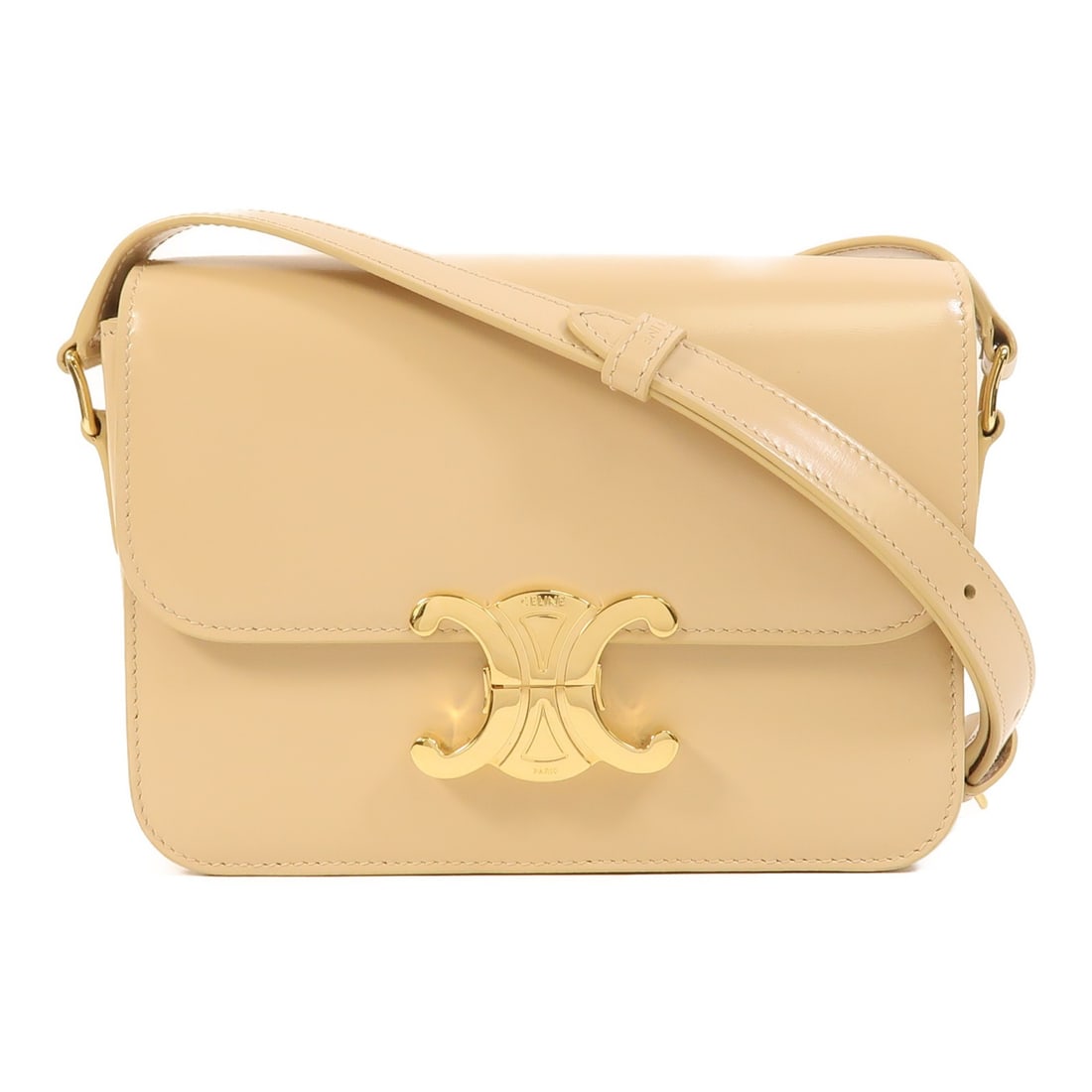 Celine Teen Triomphe Beige Calfskin Leather Shoulder Bag with Gold Hardware: Celine Teen Triomphe Beige Calfskin Leather Shoulder Bag with Gold Hardware This CELINE Teen Triomphe shoulder bag features beige calfskin leather and a structured silhouette. Designed for women, it s