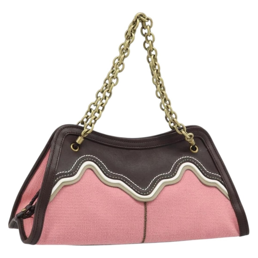 Bottega Veneta Pink Gold Leather Canvas Chain 2way Handbag with Dust Bag: Bottega Veneta Pink Gold Leather Canvas Chain 2way Handbag with Dust Bag This Bottega Veneta handbag features a stylish 2-way design crafted from pink and gold leather. The bag is designed for women a