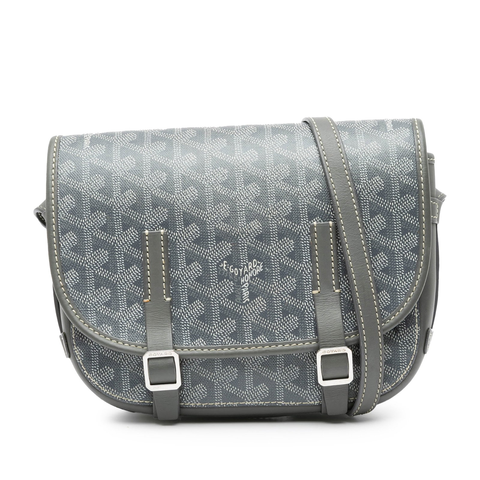 Goyard Goyardine Belvedere PM Gray Coated Canvas Crossbody Bag: Goyard Goyardine Belvedere PM Gray Coated Canvas Crossbody Bag The Goyardine Belvedere PM is crafted with a coated canvas body accented by leather trim. It features an adjustable flat leather strap, a
