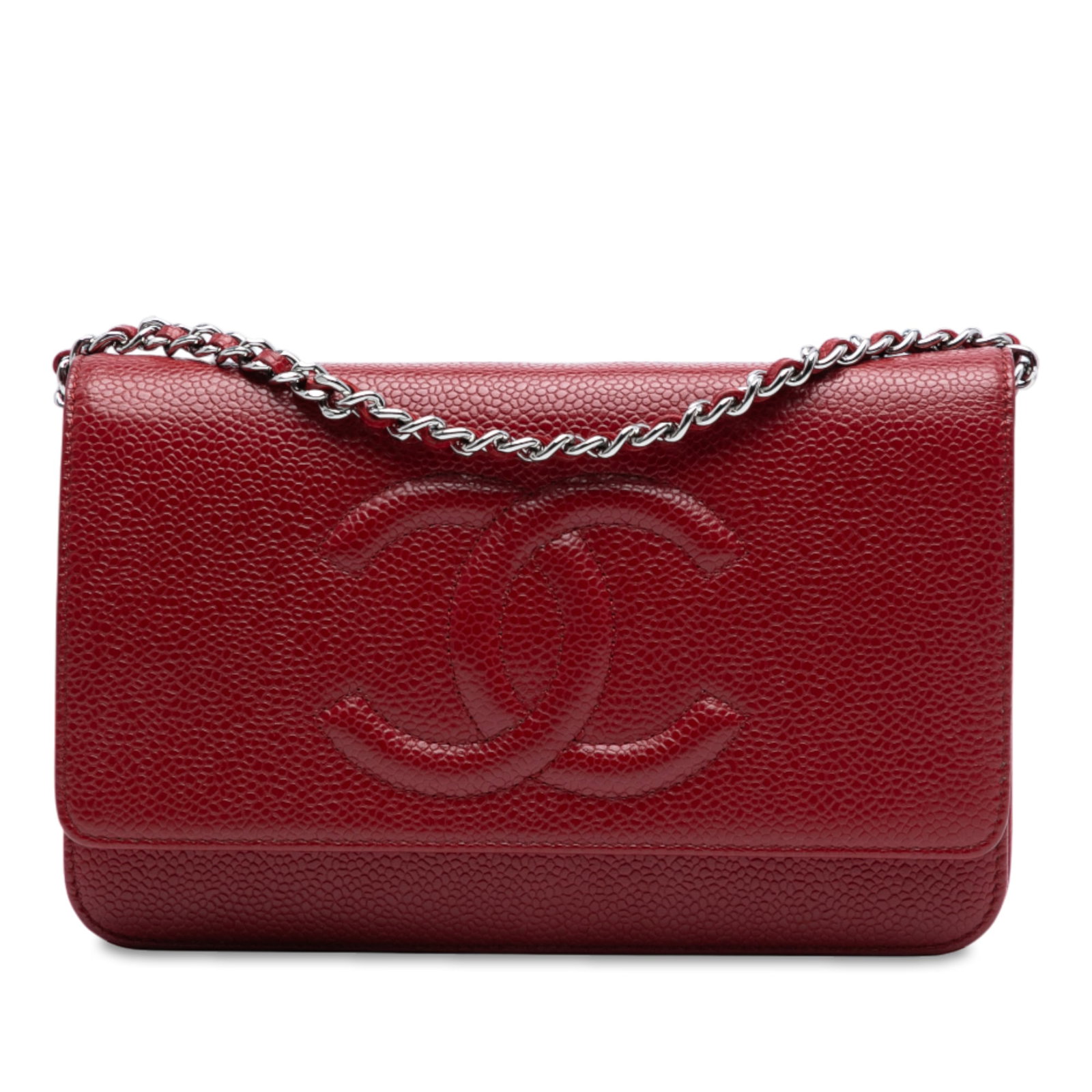 Chanel CC Red Caviar Leather Wallet On Chain with Magnetic Closure: Chanel CC Red Caviar Leather Wallet On Chain with Magnetic Closure This Chanel CC Caviar Wallet On Chain is expertly crafted from luxurious caviar leather in a striking red hue. It features a woven le